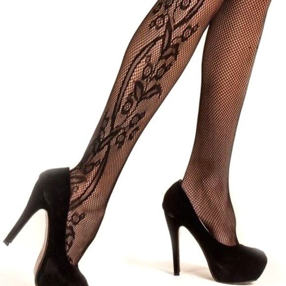 Queen Side Whimsical Floral Inset Fishnet Tights NEW Killer Legs - Picture 1 of 3